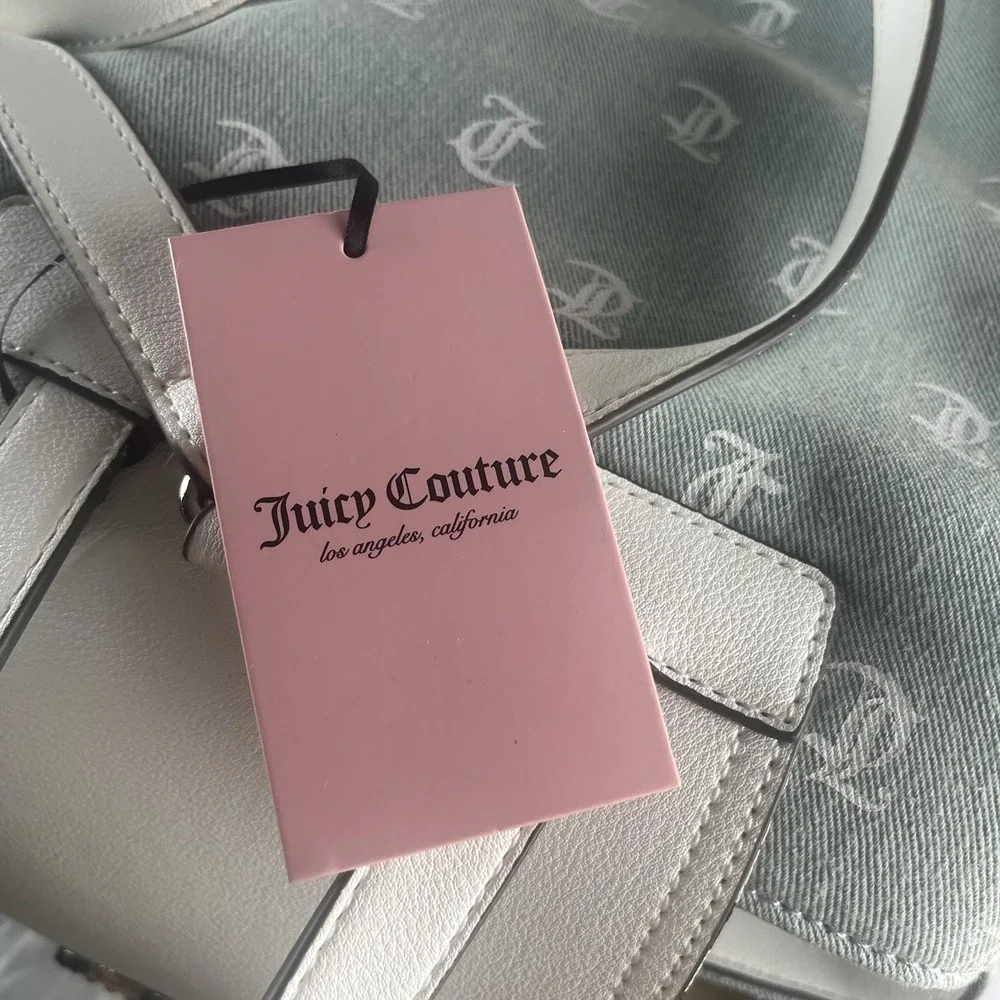 Juicy Couture Denim Monogram Back To Class Backpack RhinestoneLogo WhiteTrim NWT